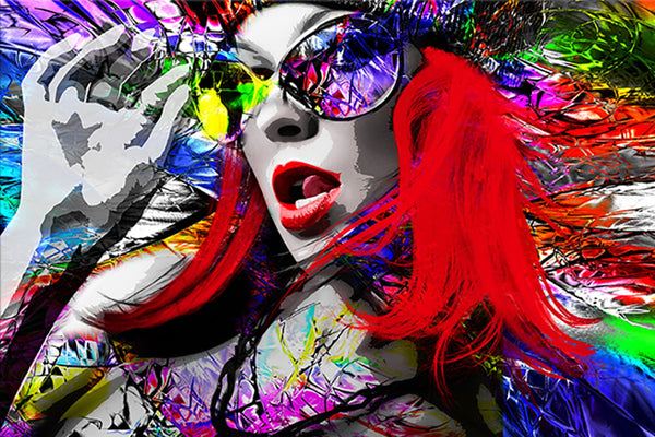 Diamond Painting mit Pop-Art Frau, Spiegelbrille, roten Haaren und buntem abstraktem Hintergrund.
