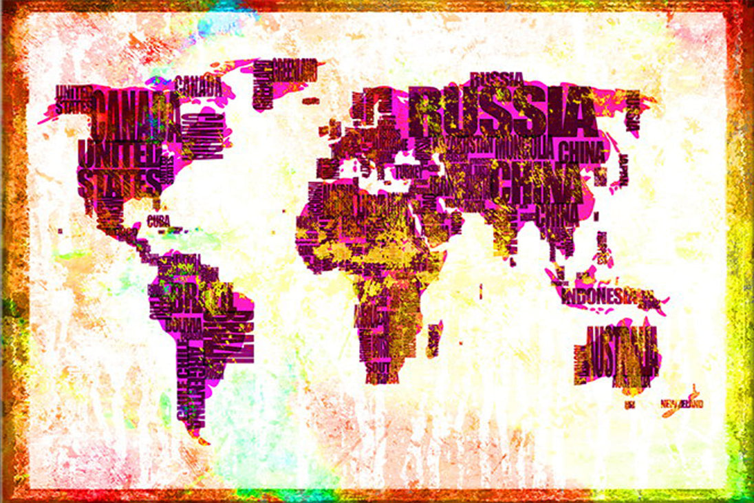 Diamond Painting mit typografischer Weltkarte aus Ländernamen im farbenfrohen Grunge-Stil.
