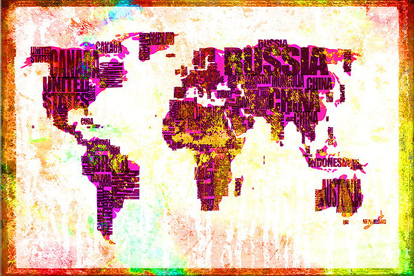 Diamond Painting mit typografischer Weltkarte aus Ländernamen im farbenfrohen Grunge-Stil.
