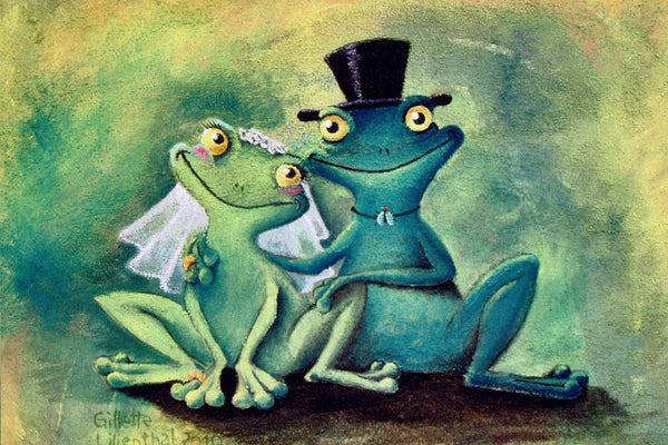 Diamond Painting mit lächelndem Frosch-Brautpaar im verspielten Illustrationsstil.
