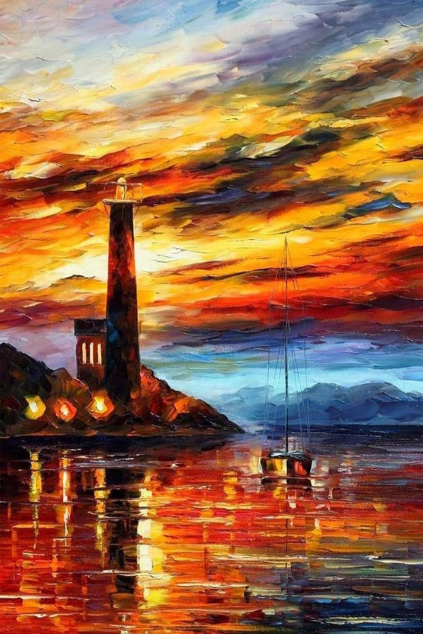 Diamond Painting eines Leuchtturms bei Sonnenuntergang im abstrakten Aquarellstil mit Segelboot. 