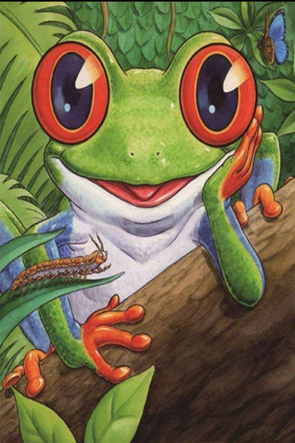 Diamond Painting eines grünen Laubfrosches mit großen orangen Augen auf einem Ast im Dschungel. 
