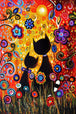 Abstraktes Diamond Painting von zwei schwarzen Katzen vor einer gelben Sonne und bunten Blumen. 
