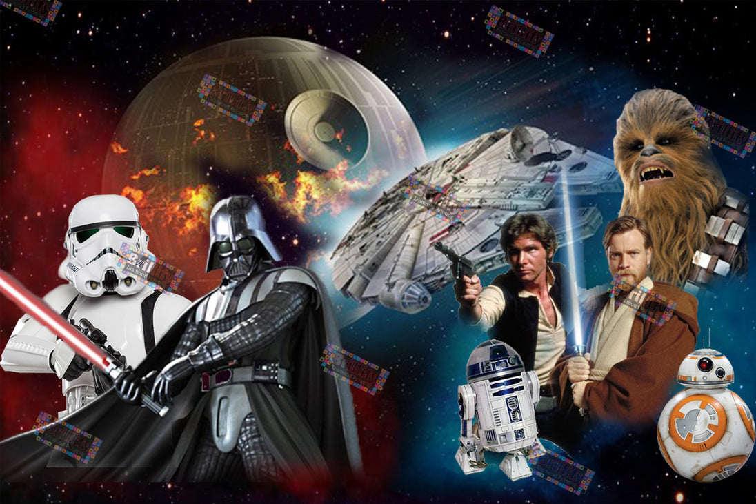 Diamond Painting mit Science-Fiction-Helden, Raumschiffen, Robotern und Sternenhimmel im Weltraum.