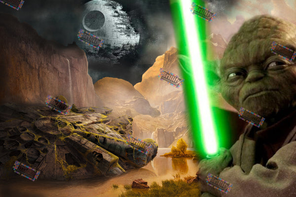 Diamond Painting mit Jedi-Meister, grünem Lichtschwert, abgestürztem Raumschiff und Science-Fiction-Landschaft.
