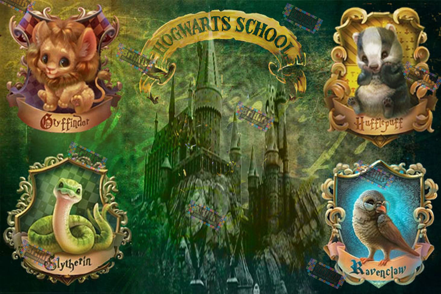 Diamond Painting mit magischer Zauberschule, Schloss und vier Fantasy-Haustier-Wappen.
