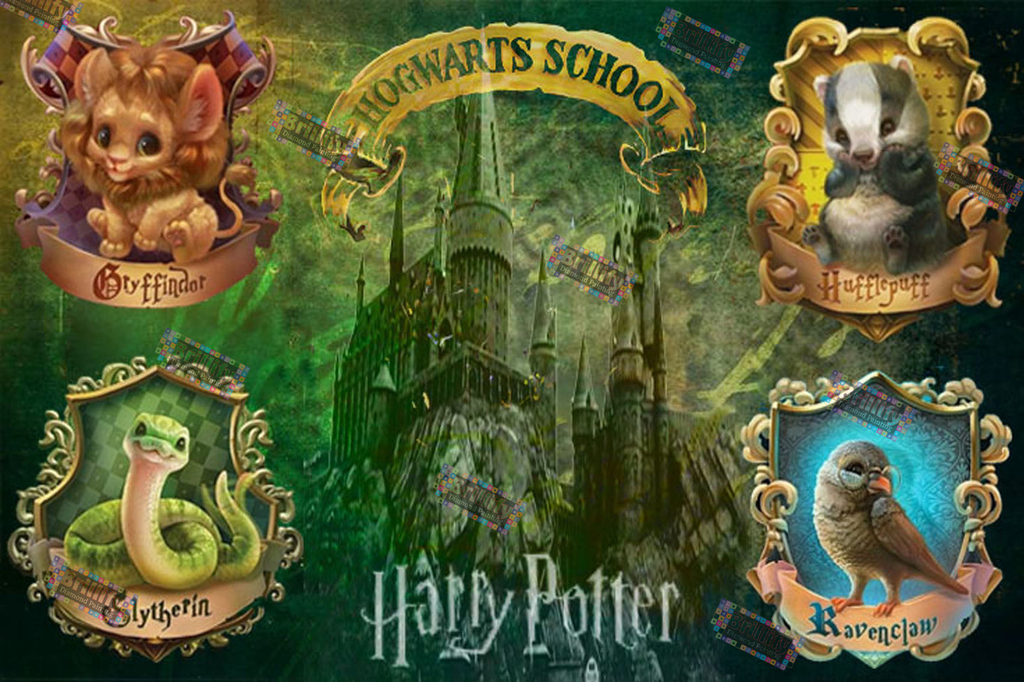 Diamond Painting mit magischer Zauberschule, Schloss und vier Haustier-Wappen im Fantasy-Stil.