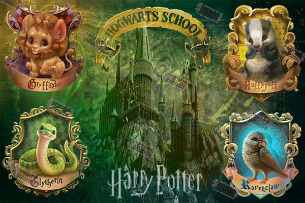 Diamond Painting mit magischer Zauberschule, Schloss und vier Haustier-Wappen im Fantasy-Stil.