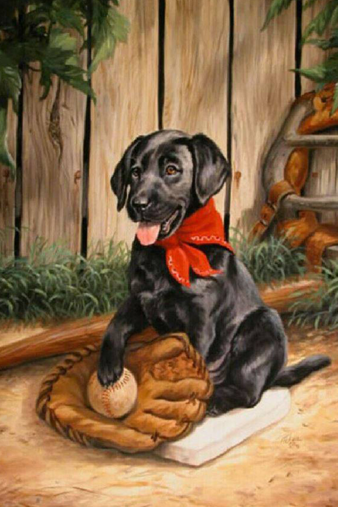 Diamond Painting mit schwarzem Labrador, Baseballhandschuh und Ball vor einem Holzzaun.
