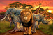 Buntes Diamond Painting mit Löwe, Elefant, Giraffe und weiteren afrikanischen Tieren vor einem Sonnenuntergang.
