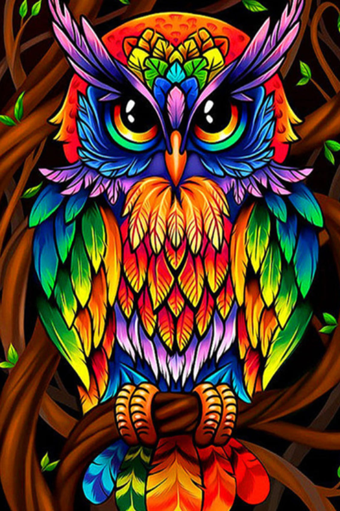 Farbenfrohes Diamond Painting einer Eule mit leuchtendem, neonfarbenem Gefieder auf einem Ast.