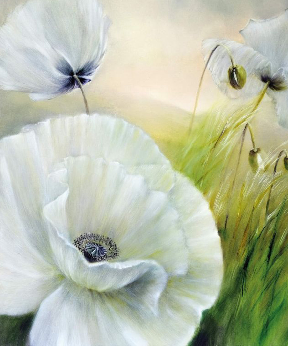 Diamond Painting von großen weißen Mohnblüten auf einer Wiese vor einem hellen, sonnigen Hintergrund.