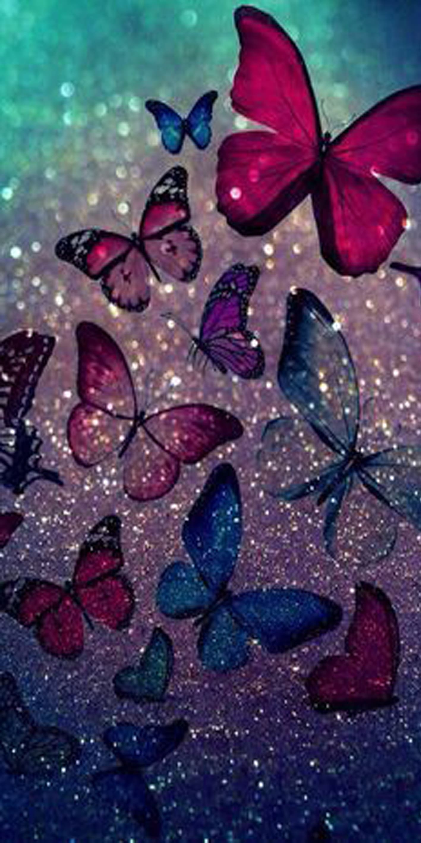 Abstraktes Diamond Painting von vielen bunten Schmetterlingen auf einem glitzernden Hintergrund in Blau und Violett.
