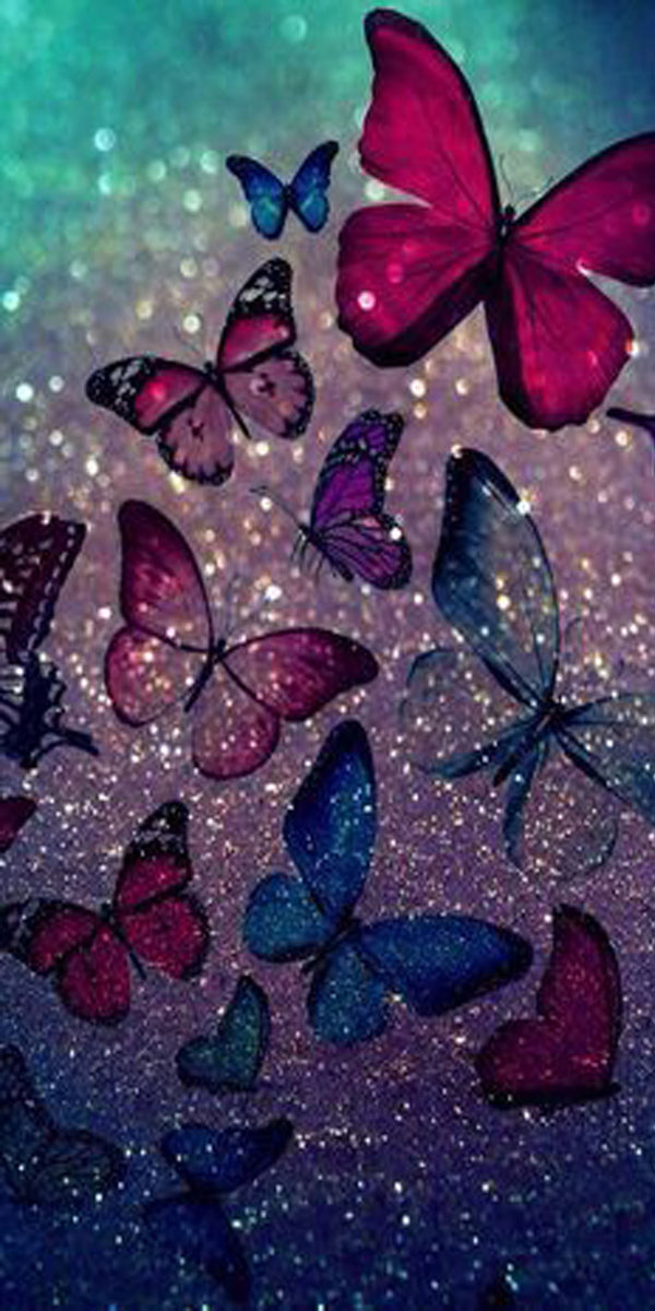 Abstraktes Diamond Painting von vielen bunten Schmetterlingen auf einem glitzernden Hintergrund in Blau und Violett.
