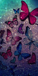 Abstraktes Diamond Painting von vielen bunten Schmetterlingen auf einem glitzernden Hintergrund in Blau und Violett.
