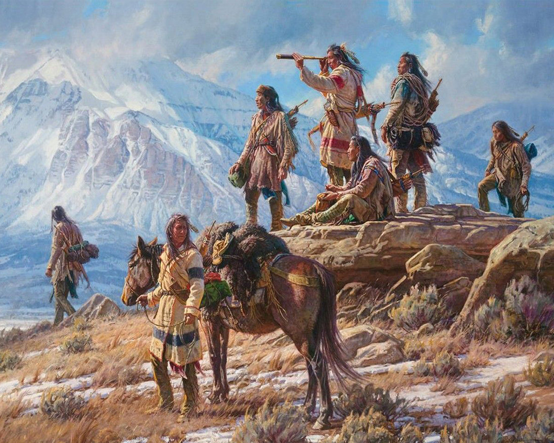 Diamond Painting von indigenen Männern mit Fernrohr auf einem Felsen vor schneebedeckten Bergen und einem Pferd.
