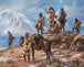 Diamond Painting von indigenen Männern mit Fernrohr auf einem Felsen vor schneebedeckten Bergen und einem Pferd.
