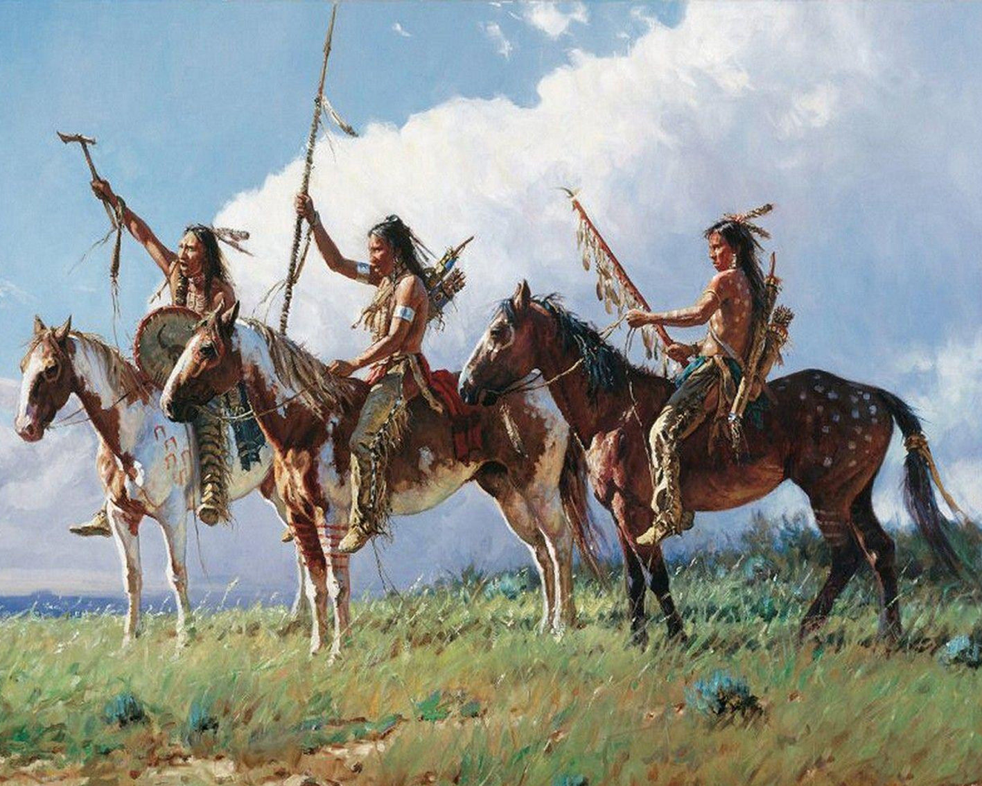 Diamond Painting von drei indigenen Kriegern auf gescheckten Pferden vor einer großen weißen Wolke.
