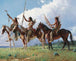 Diamond Painting von drei indigenen Kriegern auf gescheckten Pferden vor einer großen weißen Wolke.
