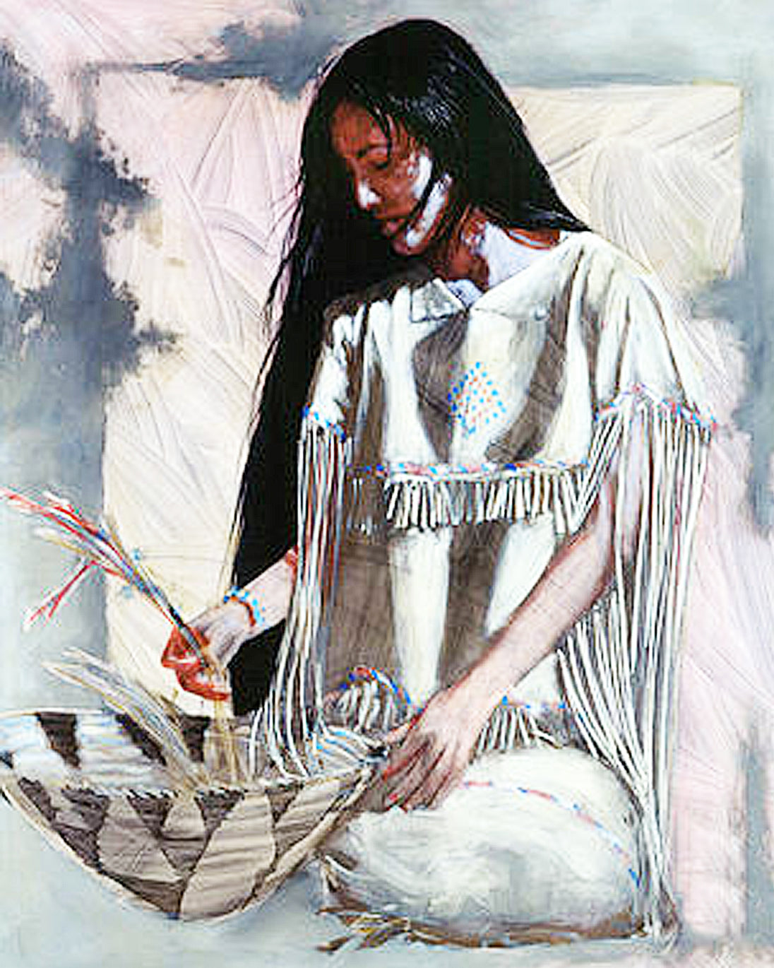 Diamond Painting einer indigenen Frau mit langem schwarzen Haar beim Flechten eines Korbes in weißem Fransengewand.