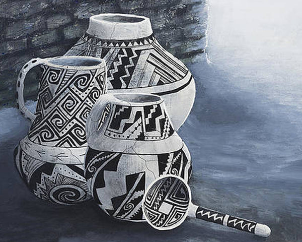 Diamond Painting von drei verzierten Keramikvasen mit indigenen Mustern in Grau- und Blautönen.