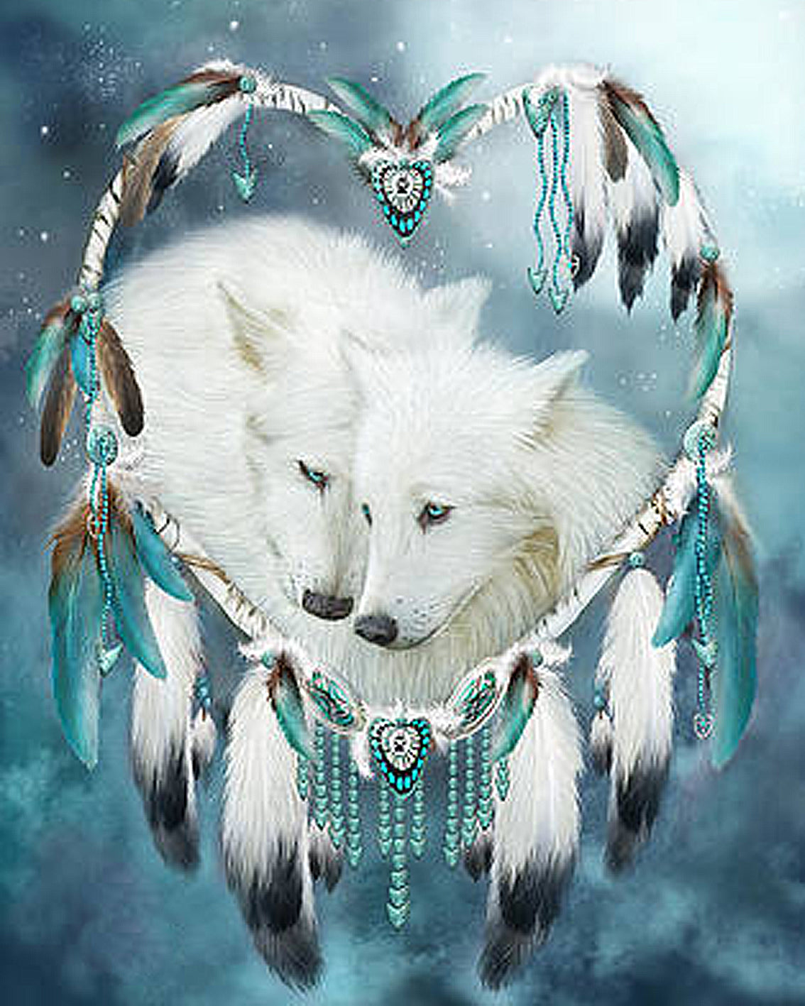 Diamond Painting von zwei weißen Wölfen in einem herzförmigen Traumfänger mit türkisen Federn und Perlen.