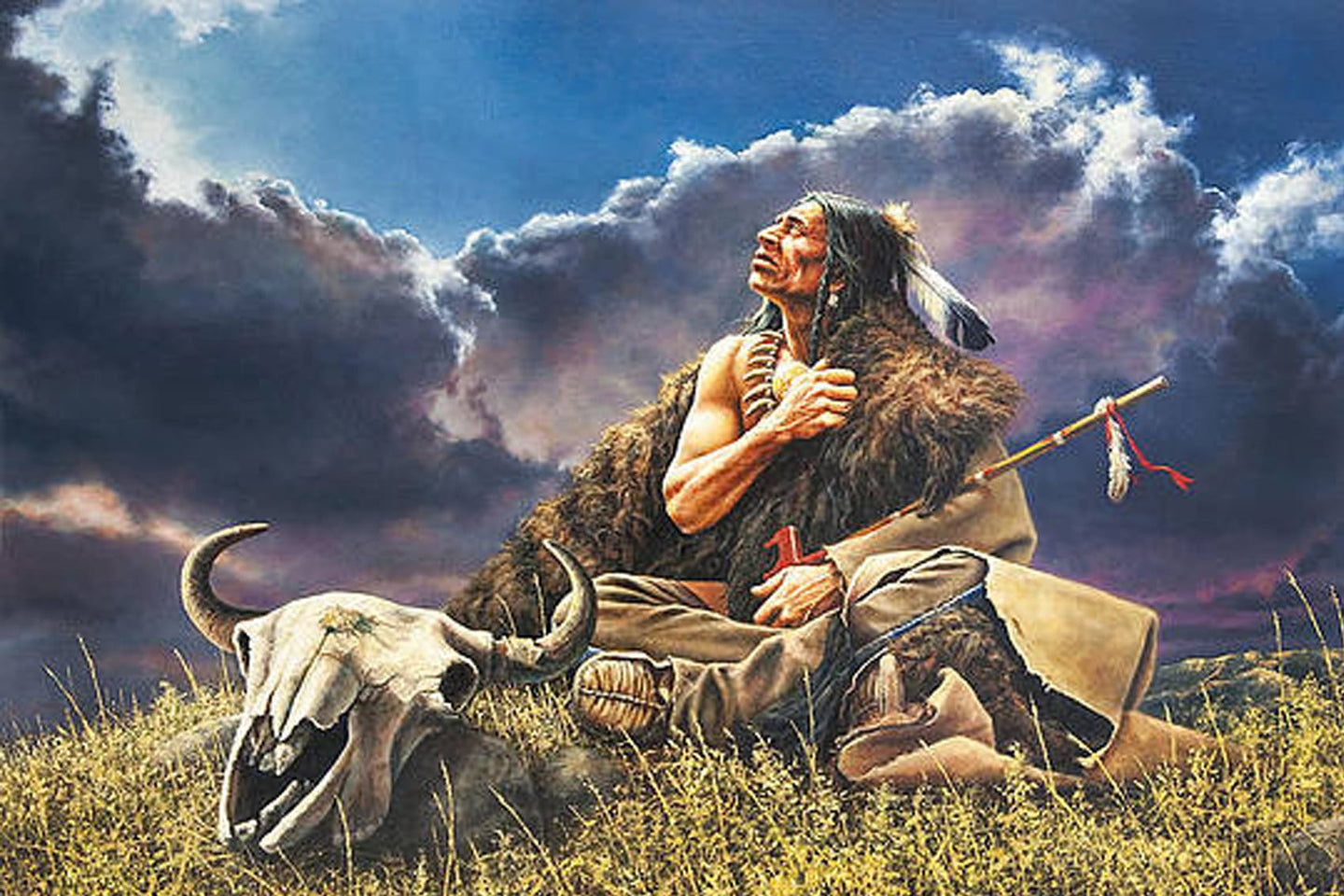 Diamond Painting eines indigenen Mannes beim Gebet in der Prärie neben einem Bison-Schädel unter Gewitterwolken.
