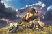 Diamond Painting eines indigenen Mannes beim Gebet in der Prärie neben einem Bison-Schädel unter Gewitterwolken.