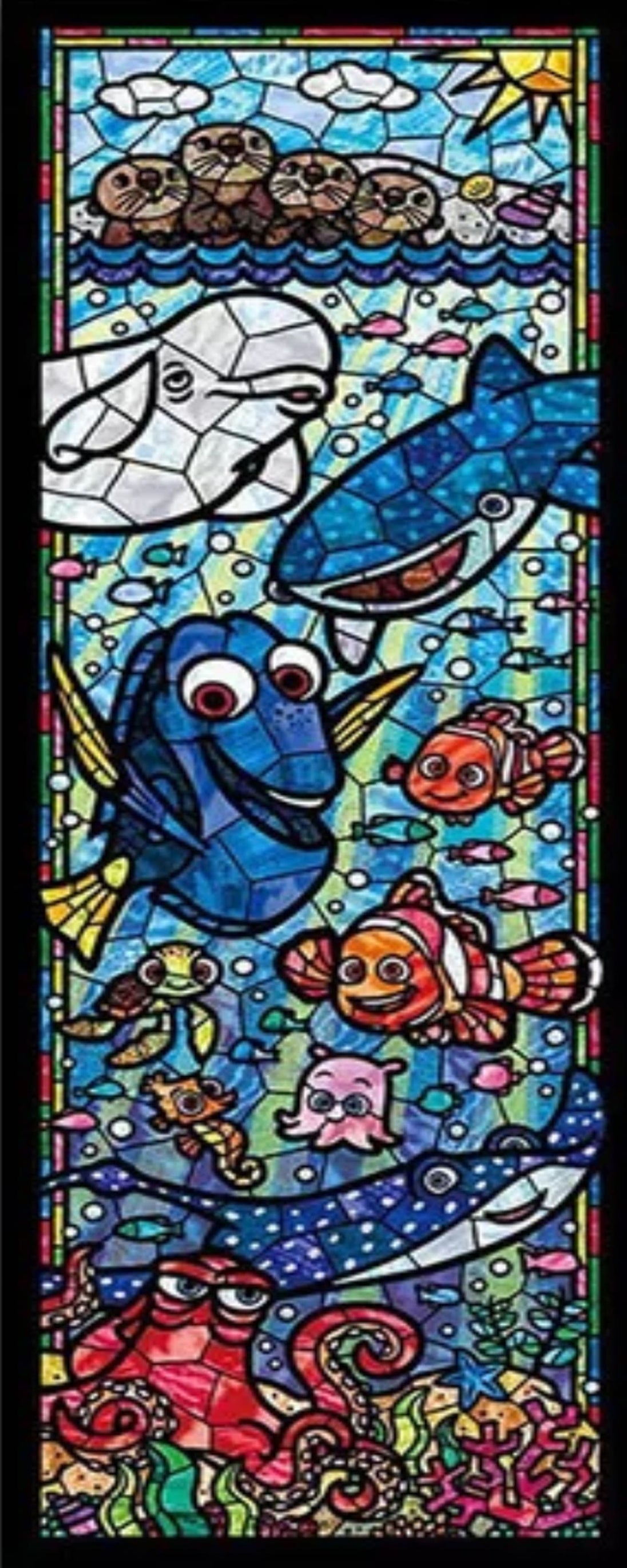 Diamond Painting von Nemo, Dorie und anderen Meeresbewohnern im bunten Mosaik-Glasmalerei-Stil. 