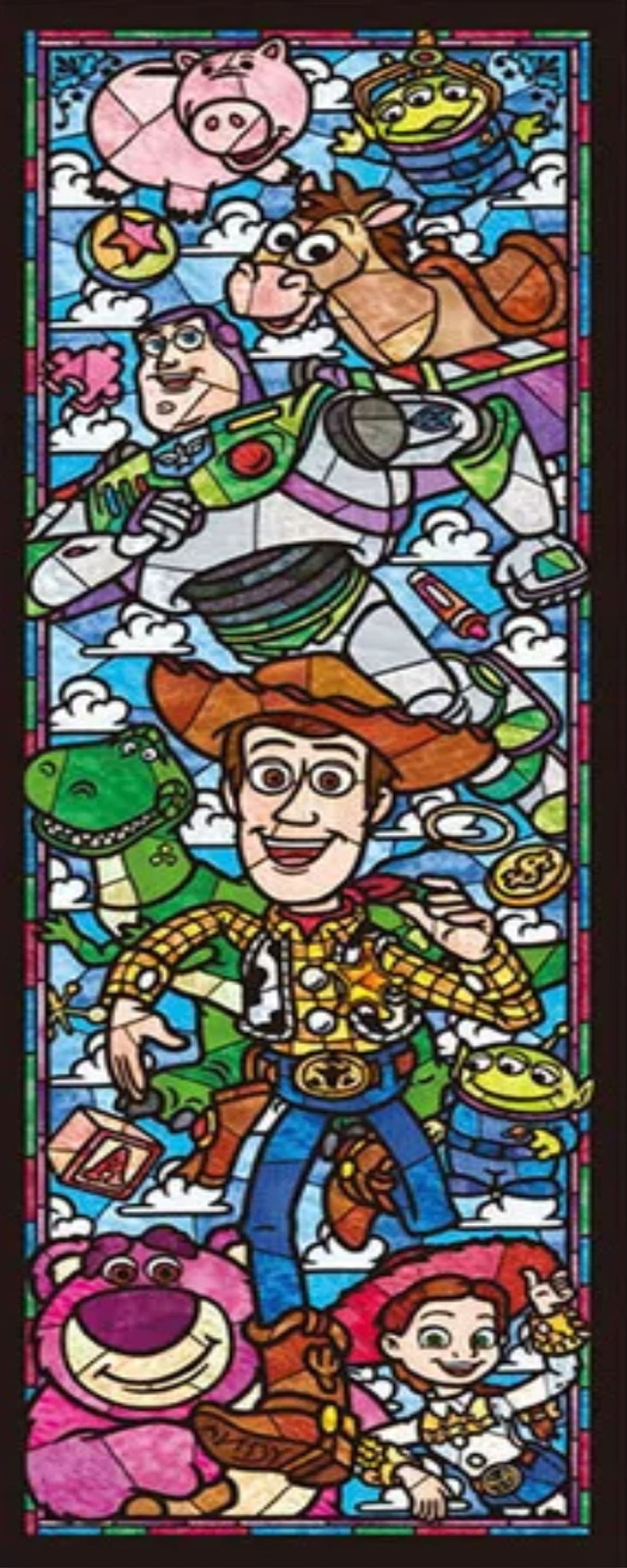 Diamond Painting mit Woody, Buzz Lightyear und Rex im vertikalen bunten Glasmosaik-Stil. 