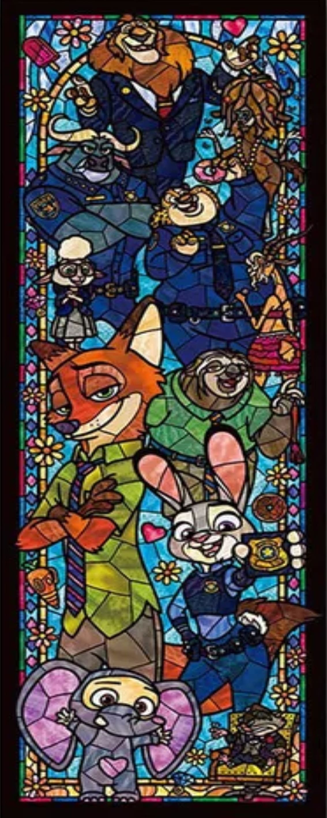Diamond Painting der Zoomania-Charaktere wie Nick und Judy im bunten Mosaik-Glasmalerei-Stil. 
