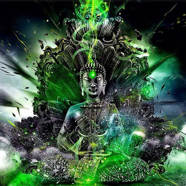 Diamond Painting eines meditierenden Buddhas auf einem verzierten Thron in leuchtend grüner Energie.