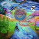 Diamond Painting eines Frauengesichts, das mit einem Traumfänger, Tannen und Vögeln in Blau verschmilzt.