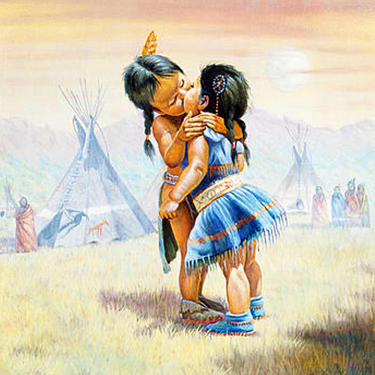 Diamond Painting von zwei indigenen Kindern, die sich vor Tipis in einer Savanne küssen.