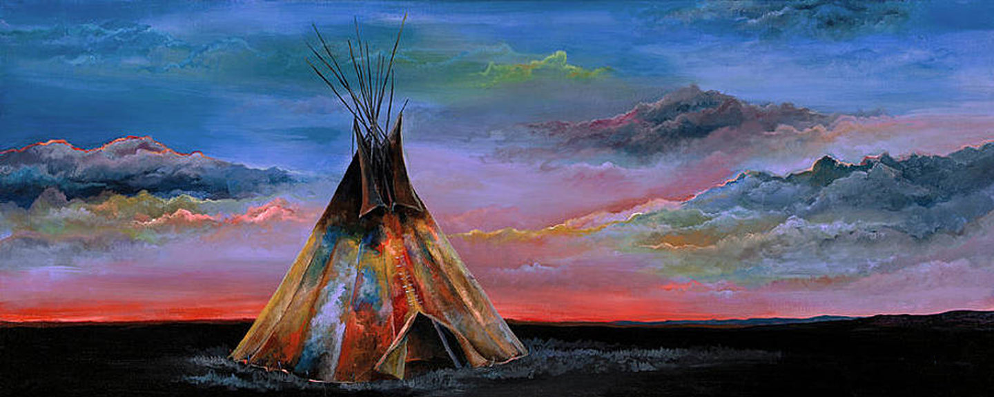 Diamond Painting eines Tipis in einer dunklen Ebene unter einem farbenfrohen Sonnenuntergang im Panoramaformat.