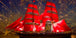 Diamond Painting eines großen Segelschiffs mit roten Segeln vor einem goldenen Feuerwerk auf dunkler See.