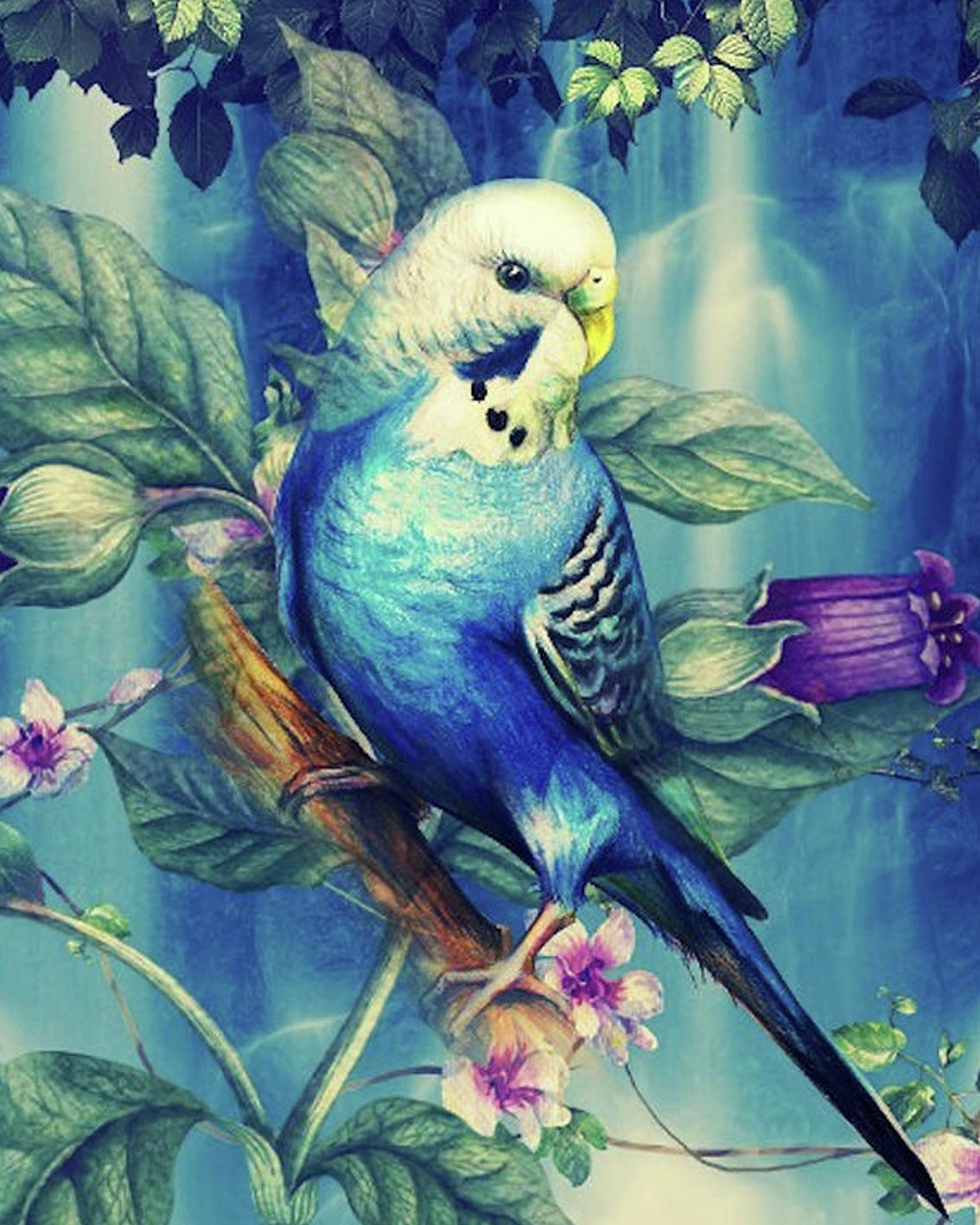 Diamond Painting eines blauen Wellensittichs, der auf einem Ast zwischen lila Blüten und grünen Blättern sitzt.