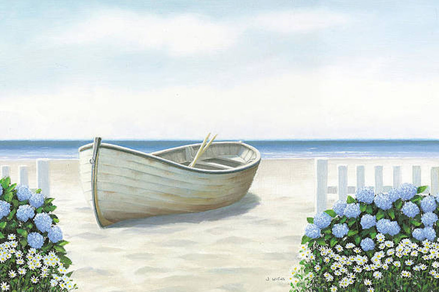 Diamond Painting eines weißen Holzbootes im Sand, umgeben von blauen Hortensien und weißen Margeriten am Meer.