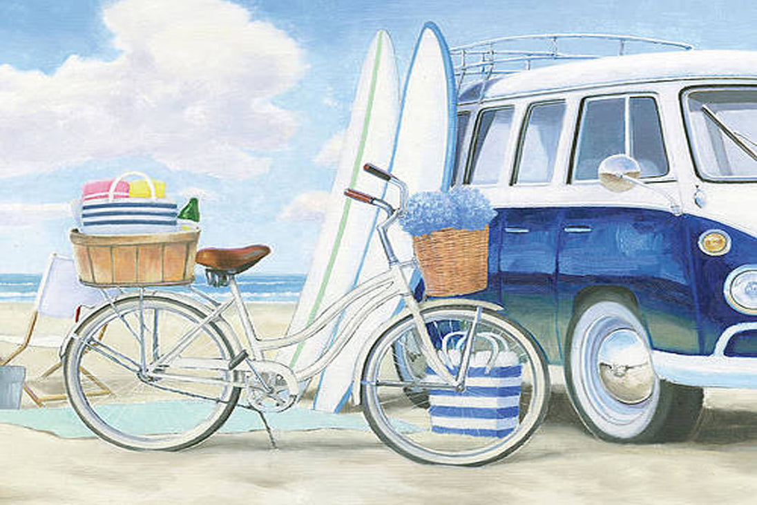 Diamond Painting eines blau-weißen Retro-Busses mit Surfbrettern und einem weißen Fahrrad am Sandstrand.