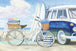 Diamond Painting eines blau-weißen Retro-Busses mit Surfbrettern und einem weißen Fahrrad am Sandstrand.