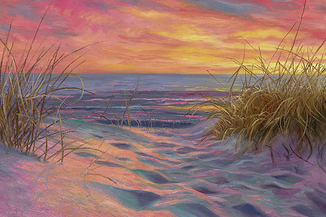Diamond Painting eines rosa-orangefarbenen Sonnenuntergangs über Sanddünen mit Dünengras und dem Meer.