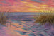 Diamond Painting eines rosa-orangefarbenen Sonnenuntergangs über Sanddünen mit Dünengras und dem Meer.