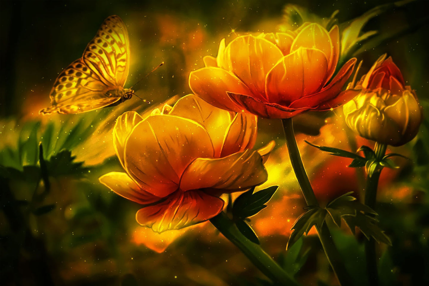 Diamond Painting eines goldenen Schmetterlings, der zu zwei leuchtend gelben Blumen in einem Wald fliegt.