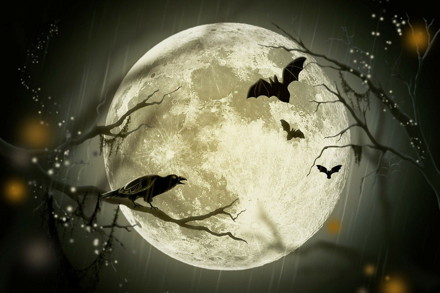 Diamond Painting eines Raben auf einem Ast und Fledermäusen vor einem riesigen, hellen Vollmond bei Nacht.