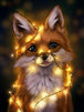 Diamond Painting eines niedlichen Fuchses, der in eine leuchtende gelbe Lichterkette eingewickelt ist.