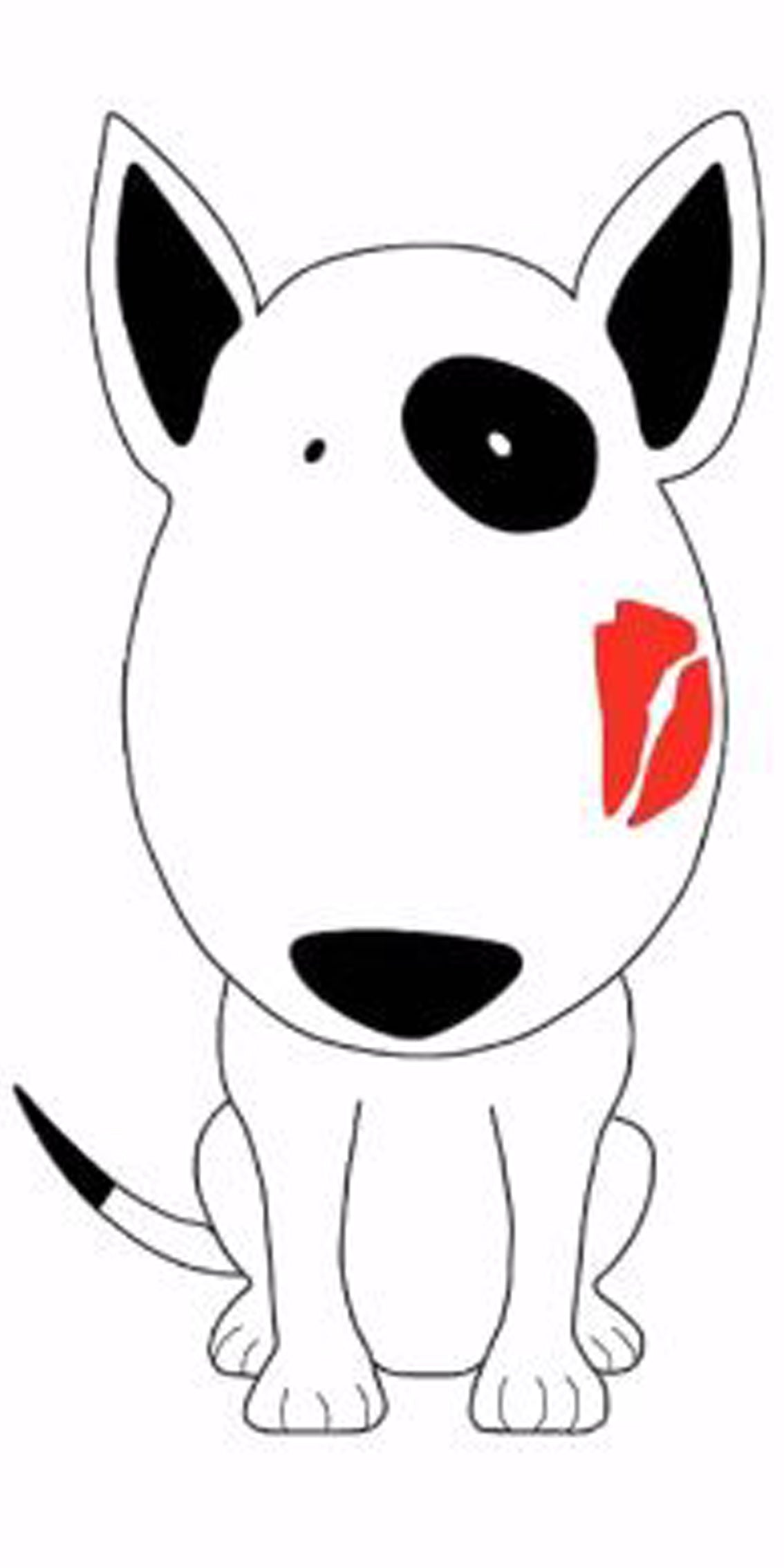 Diamond Painting eines weißen Bullterriers im Comic-Stil mit einem roten Kussmund auf der Wange.