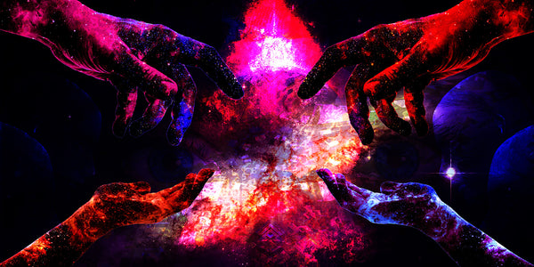 Diamond Painting von vier kosmischen Händen, die in ein helles, rot-violettes Energiefeld im Weltraum greifen.