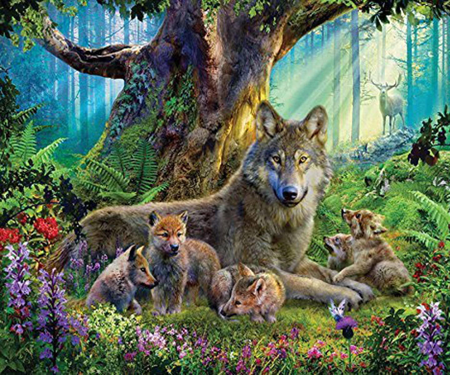Diamond Painting einer Wolfsfamilie im Wald mit bunten Blumen und Sonnenstrahlen im Hintergrund. 

