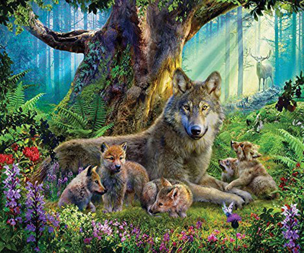 Diamond Painting einer Wolfsfamilie im Wald mit bunten Blumen und Sonnenstrahlen im Hintergrund. 
