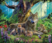 Diamond Painting einer Wolfsfamilie im Wald mit bunten Blumen und Sonnenstrahlen im Hintergrund. 
